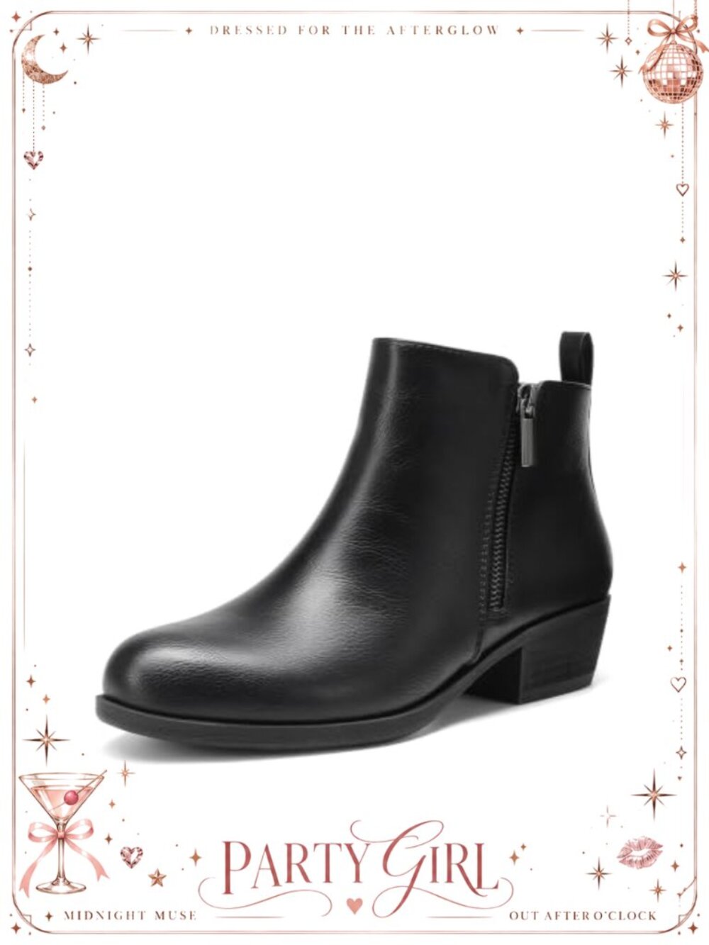 Women's Low Chunky Heel Ankle Boots Faux Leather Side Zipper Booties